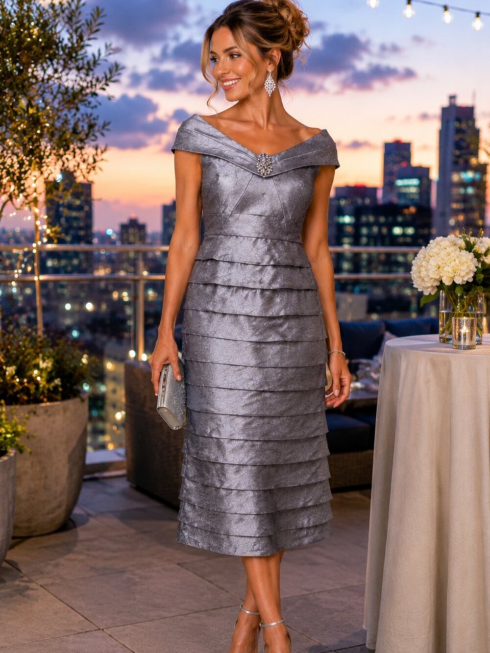 Jessica Howard Evenings Silver Tiered Cocktail Dress Rhinestone Size 6